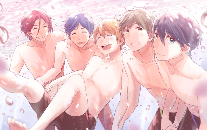 5boys free! glasses hazuki_nagisa male_focus matsuoka_rin multiple_boys nanase_haruka_(free!) ryuugazaki_rei smile swim_trunks tachibana_makoto topless