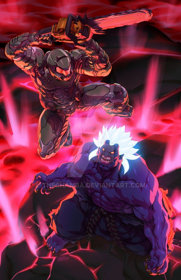 2boys armor battle blue_skin chainsaw crossover doom_(game) doomguy epic fangs glowing glowing_eyes glowing_hair gouki helmet jeffrey_cruz kuruoshiki_oni multiple_boys muscle red_eyes shirtless spiky_hair street_fighter street_fighter_iv_(series)