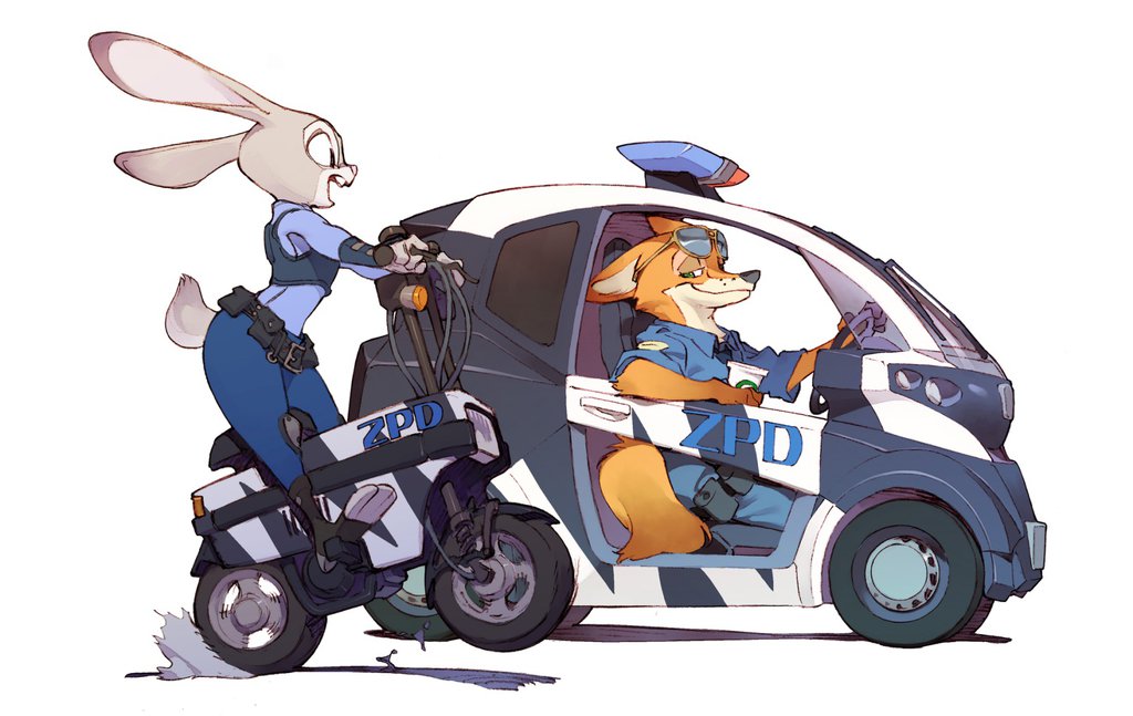 car disney drink driving fox furry ground_vehicle judy_hopps motocompo motor_vehicle motorcycle neighborstudios nick_wilde no_humans paper_cup police police_car police_uniform rabbit uniform vehicle zootopia