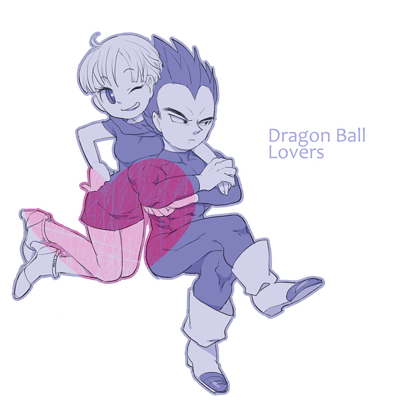 1boy 1girl ;d black_eyes black_hair boots bulma copyright_name couple crossed_arms dragon_ball dragonball_z dress expressionless eyebrows_visible_through_hair hands_together hetero high_heels hug hug_from_behind looking_away na_(mu33) one_eye_closed open_mouth short_hair simple_background smile vegeta white_background