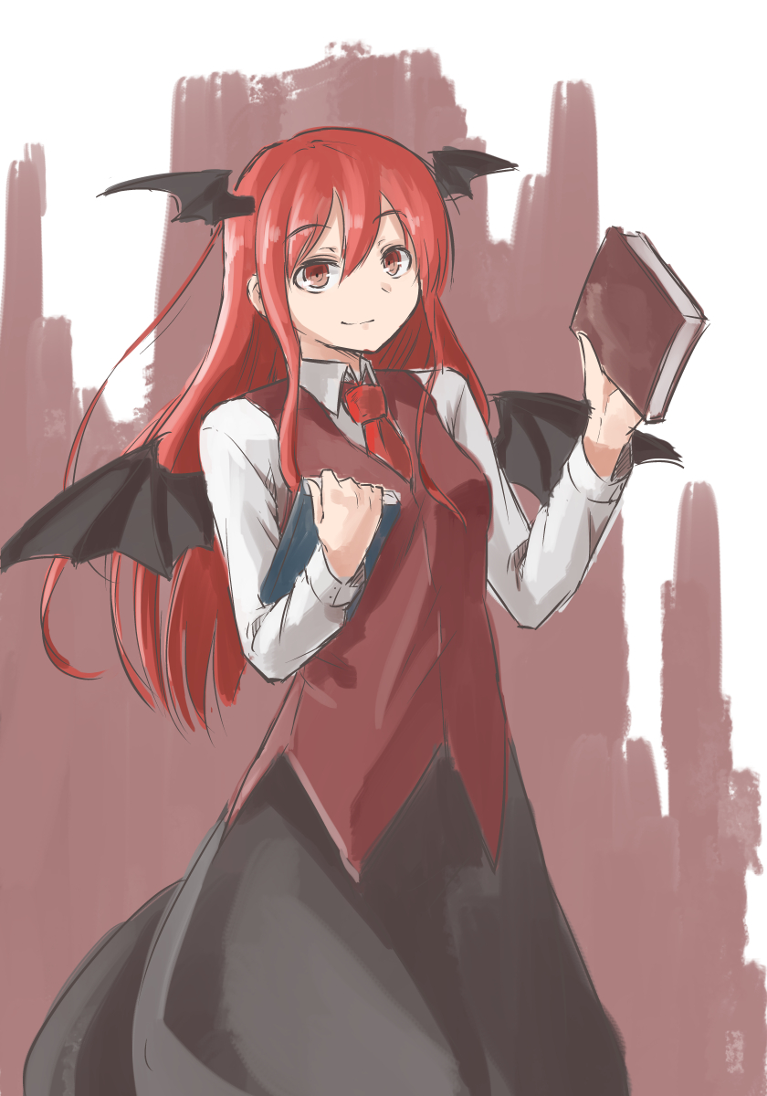 1girl arm_up bat_wings black_skirt book collared_shirt cowboy_shot dress_shirt eyebrows eyebrows_visible_through_hair hair_between_eyes head_wings highres holding holding_book koakuma long_hair long_sleeves looking_at_viewer m92fs maroon_background necktie red_eyes red_necktie red_vest redhead ringed_eyes shirt sidelocks simple_background sketch skirt smile solo touhou vest white_shirt wings