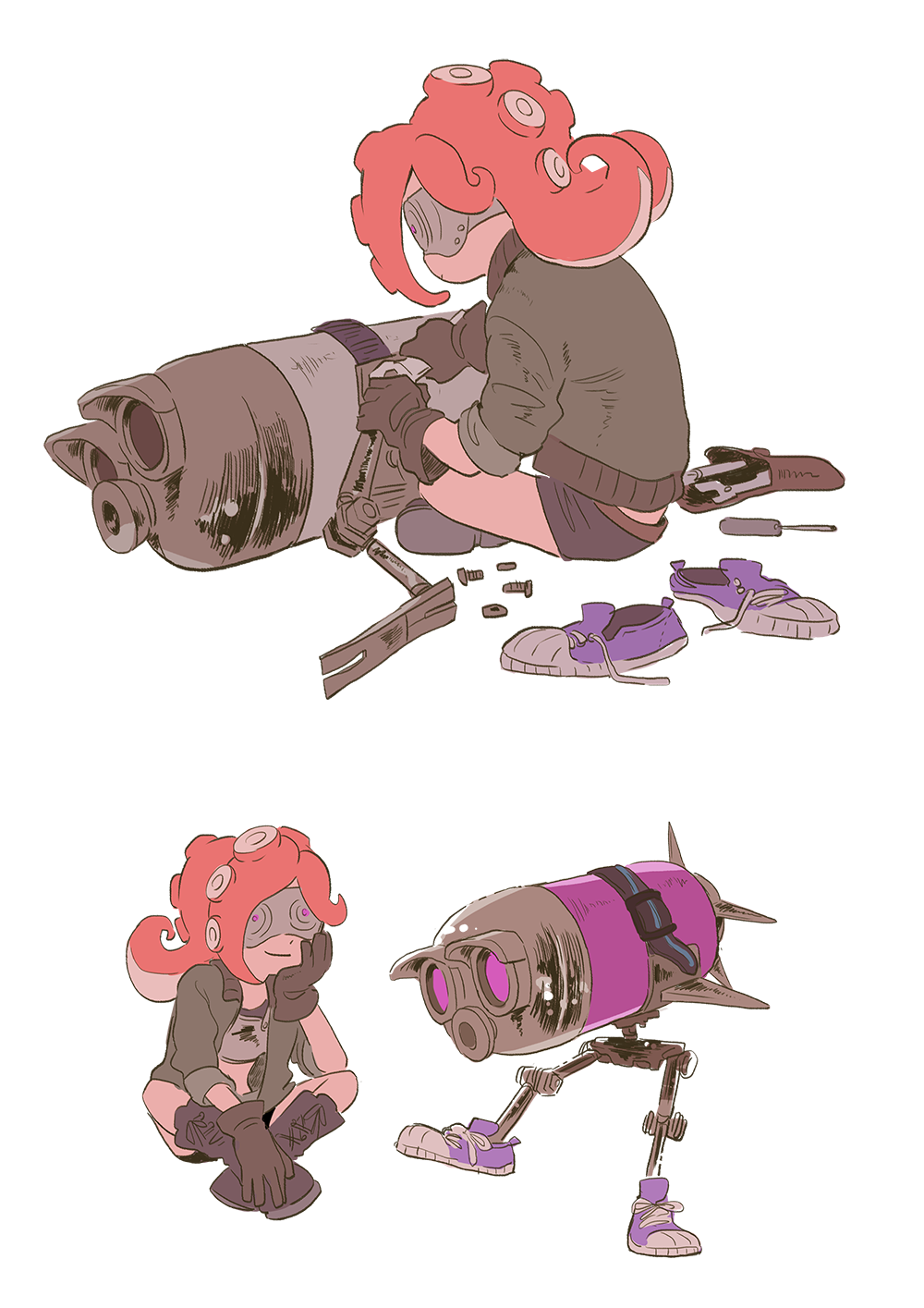1girl bomber_jacket boots breastplate brown_gloves chin_rest comic female flat_color gloves goggles highres jacket katou_(osoraku) midriff octarian octopod redhead screw shoes short_hair shorts simple_background smile sneakers solo splatoon takozonesu white_background wrench