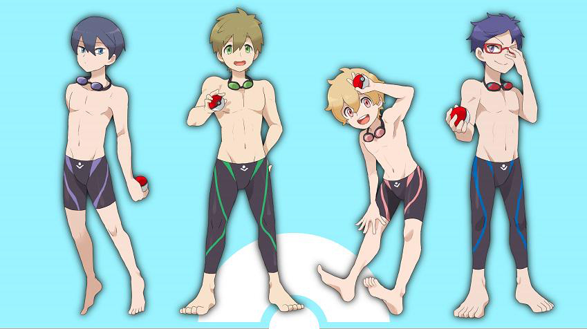 4boys blue_hair free! glasses hazuki_nagisa male_focus multiple_boys nanase_haruka_(free!) parody poke_ball pokemon ronisuke ryuugazaki_rei swim_trunks tachibana_makoto topless