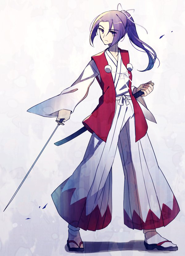 1girl hair_ribbon hakama japanese_clothes kaede_(mmkeyy) katana meira pom_pom_(clothes) purple_hair ribbon samurai sheath solo sword touhou touhou_(pc-98) violet_eyes weapon wide_sleeves