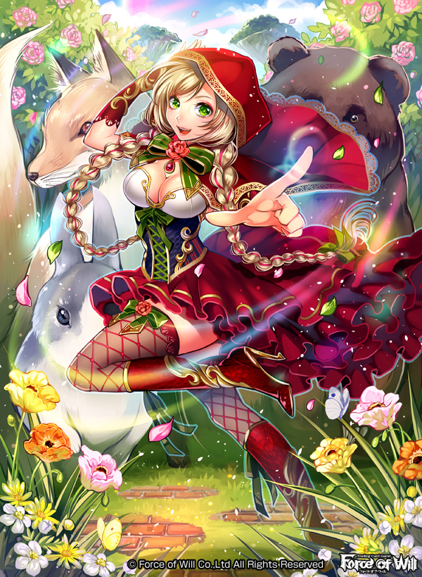 1girl animal bear blonde_hair boots braid breasts brown_hair butterfly cleavage female flower force_of_will fox green_eyes happy high_heels hood hoodie kitsune little_red_(force_of_will) long_hair matsurika_youko petals rabbit ribbon shoes skirt sky solo thigh-highs tied_hair twin_braids twintails zettai_ryouiki