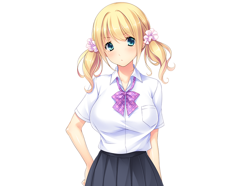 1girl ayase_hazuki blonde_hair blue_eyes blush bow breasts collared_shirt cowboy_shot eyebrows eyebrows_visible_through_hair game_cg grey_skirt highres large_breasts looking_at_viewer nise_bitch school_uniform serious short_sleeves simple_background skirt solo standing twintails white_background
