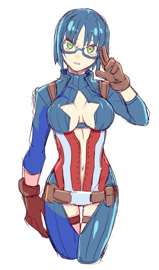 1girl adjusting_glasses belt blue_hair captain_america captain_america_(cosplay) character_request cleavage cleavage_cutout female genderswap glasses gloves green_eyes looking_at_viewer marvel navel salute shigehiro_(artist) short_hair simple_background solo star_cutout two-finger_salute