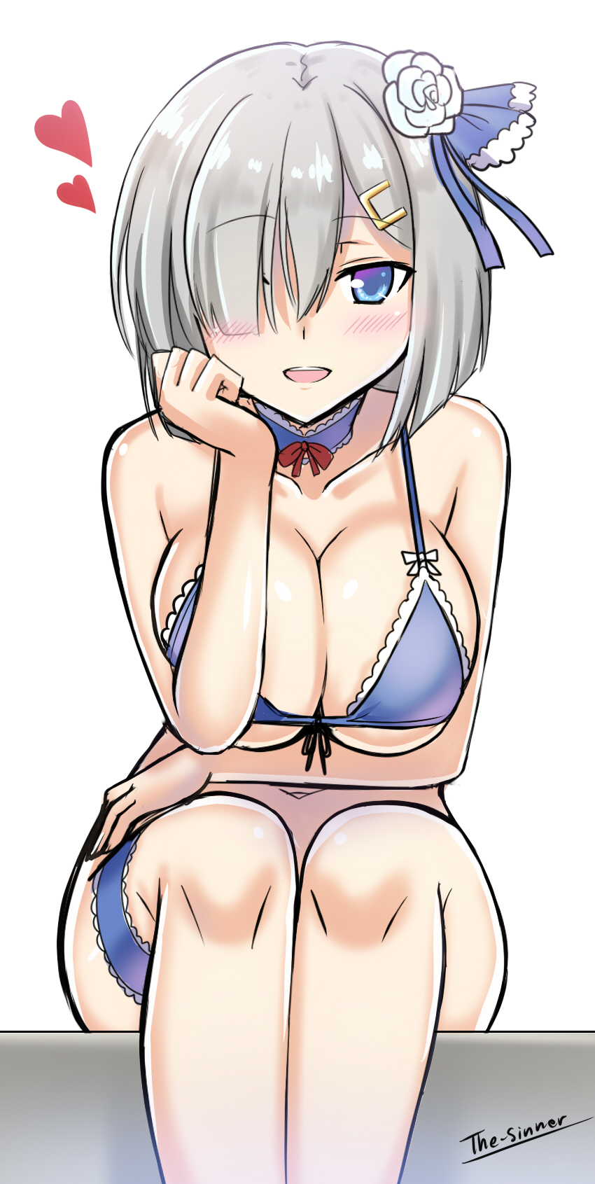 1girl alternate_costume bare_shoulders bikini blue_bikini blue_eyes blush breast_press breasts cleavage collarbone detached_collar flower front-tie_top hair_flower hair_ornament hair_over_one_eye hamakaze_(kantai_collection) head_rest heart highres kantai_collection large_breasts leaning_forward looking_at_viewer micro_bikini midriff navel open_mouth short_hair sideboob silver_hair sitting solo spoken_heart swimsuit the-sinner thigh_strap under_boob