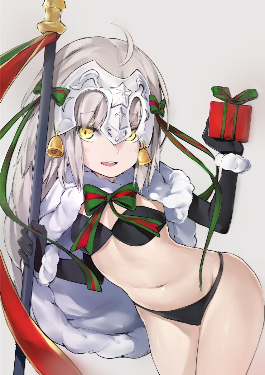 1girl ahoge bell bikini black_bikini black_gloves bow box breasts capelet christmas commentary_request elbow_gloves fate/grand_order fate_(series) gift gift_box gloves grey_background grey_hair groin hair_bell hair_ornament hair_ribbon headpiece helmet highres holding holding_gift jeanne_alter jeanne_alter_(santa_lily)_(fate) long_hair looking_at_viewer navel open_mouth ribbon ruler_(fate/apocrypha) silver_(chenwen) small_breasts solo striped striped_ribbon swimsuit yellow_eyes