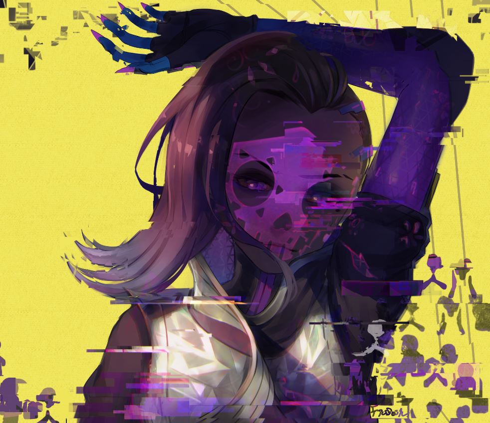 1girl abstract_background arm_above_head asymmetrical_hair closed_mouth dark_skin facepaint frown_(wonderland85711) glitch gloves high_collar long_hair looking_at_viewer makeup multicolored_hair overwatch shaved signature sombra_(overwatch) upper_body