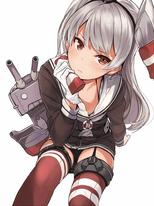 1girl akaitera amatsukaze_(kantai_collection) animated animated_gif black_panties blinking brown_eyes female kantai_collection long_hair looking_at_viewer looking_to_the_side panties pantyshot rensouhou-kun simple_background solo thigh-highs twintails ugoira underwear white_background