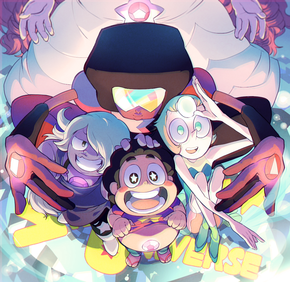 +_+ 1boy 4girls afro amethyst_(steven_universe) black_hair blue_eyes brown_eyes cartoon_network copyright_name dark_skin forehead_jewel garnet_(steven_universe) gem glasses glowing grin hair_over_one_eye hand_on_another's_head looking_at_viewer mother_and_son multiple_girls open_mouth orange_hair out_of_frame pale_skin pearl_(steven_universe) pink_hair pointy_nose purple_skin rose_quartz_universe salute shirt_lift sitting smile squatting star star-shaped_pupils steven_quartz_universe steven_universe stomach sunglasses symbol-shaped_pupils t_k_g teeth violet_eyes white_hair