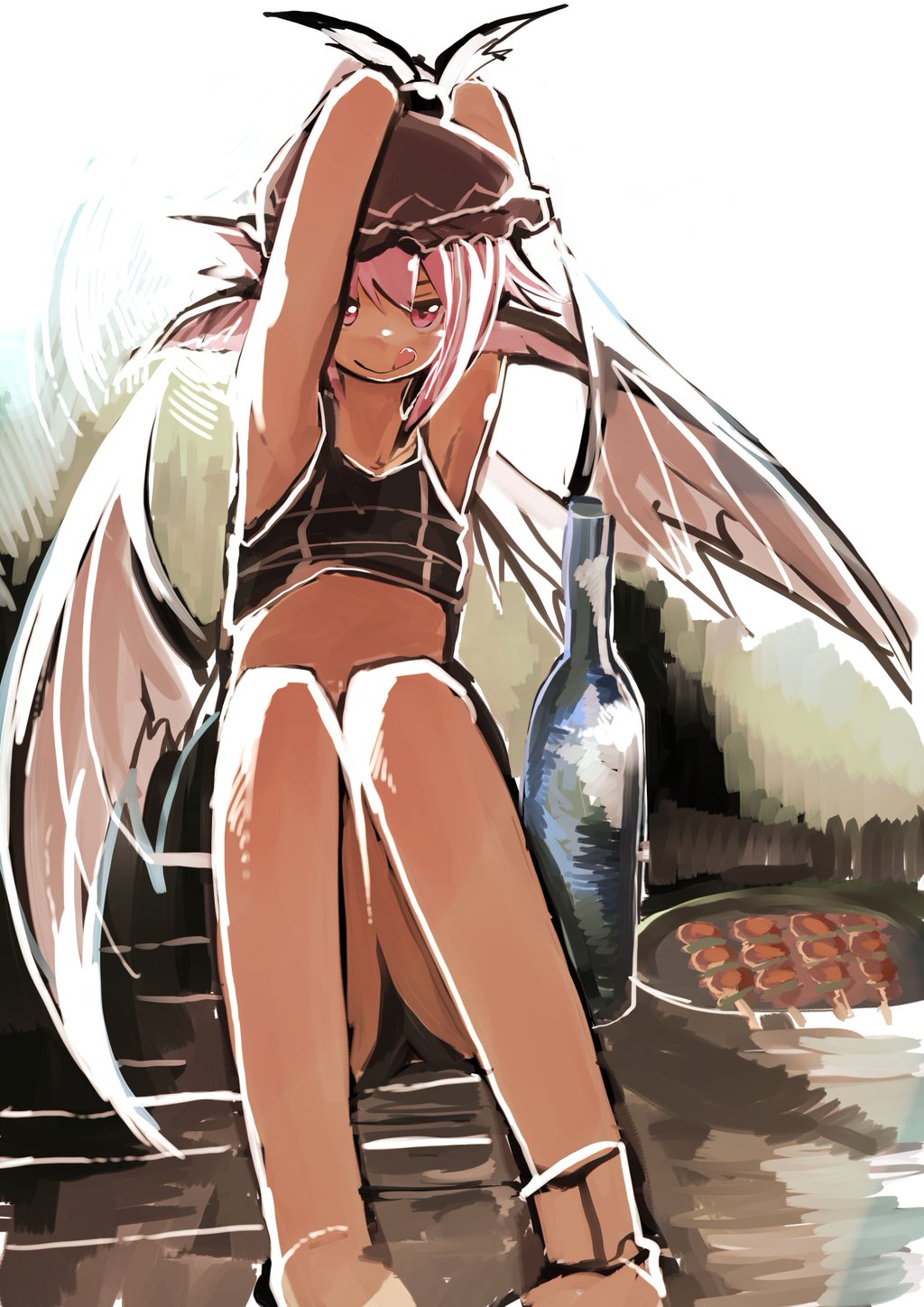 1girl :p armpit arms_up bottle female food head_wings kamindani mystia_lorelei pink_eyes pink_hair sitting solo tongue tongue_out touhou wings