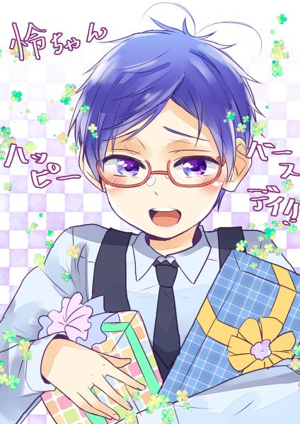 1boy ahoge blue_hair blush child free! glasses happy_birthday male_focus necktie present ryuugazaki_rei text violet_eyes watawata_(wtaawata) younger