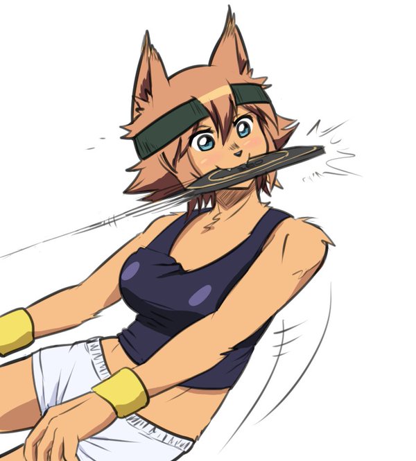 1girl animal_ears brown_eyes brown_hair claws dog_ears dog_tail fang full_body fur furry kobold monster_girl monster_musume_no_iru_nichijou navel polt pose shadow simple_background solo sweatband tail usain_bolt white_background
