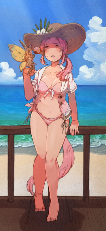 &gt;_&lt; 2girls barefoot beach bikini blush breasts brown_eyes cat_tail closed_eyes clouds collarbone day fairy final_fantasy final_fantasy_xiv front-tie_top full_body hair_over_shoulder hat holding_fan hood hooded_jacket jacket leaning_against_railing low_ponytail medium_breasts miqo'te mozuku_(mozuuru0323) multiple_girls navel open_clothes open_jacket open_mouth outdoors pink_bikini pink_hair railing side-tie_bikini side_ponytail standing straw_hat sunlight sweat swimsuit tail water wooden_floor