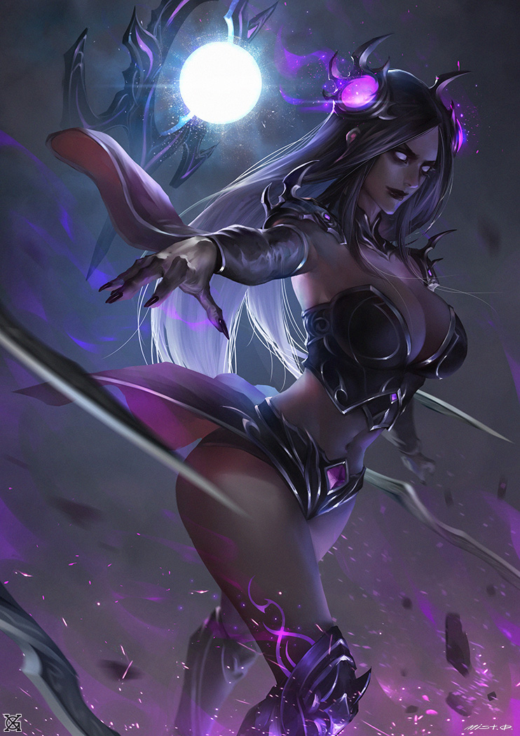 1girl armor blade blank_eyes breasts cleavage dark_persona fingernails gradient_hair hair_ornament irelia league_of_legends lipstick long_fingernails long_hair makeup midriff multicolored_hair nail_polish navel purple_hair shoulder_spikes signature solo spikes watermark weapon white_hair xiaoguimist