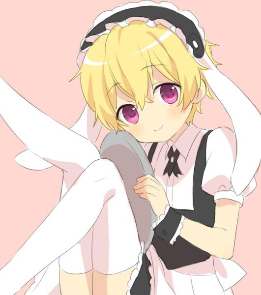 1boy blonde_hair child crossdressinging free! funikurikurara gochuumon_wa_usagi_desu_ka? hazuki_nagisa looking_at_viewer maid male_focus parody pink_eyes younger