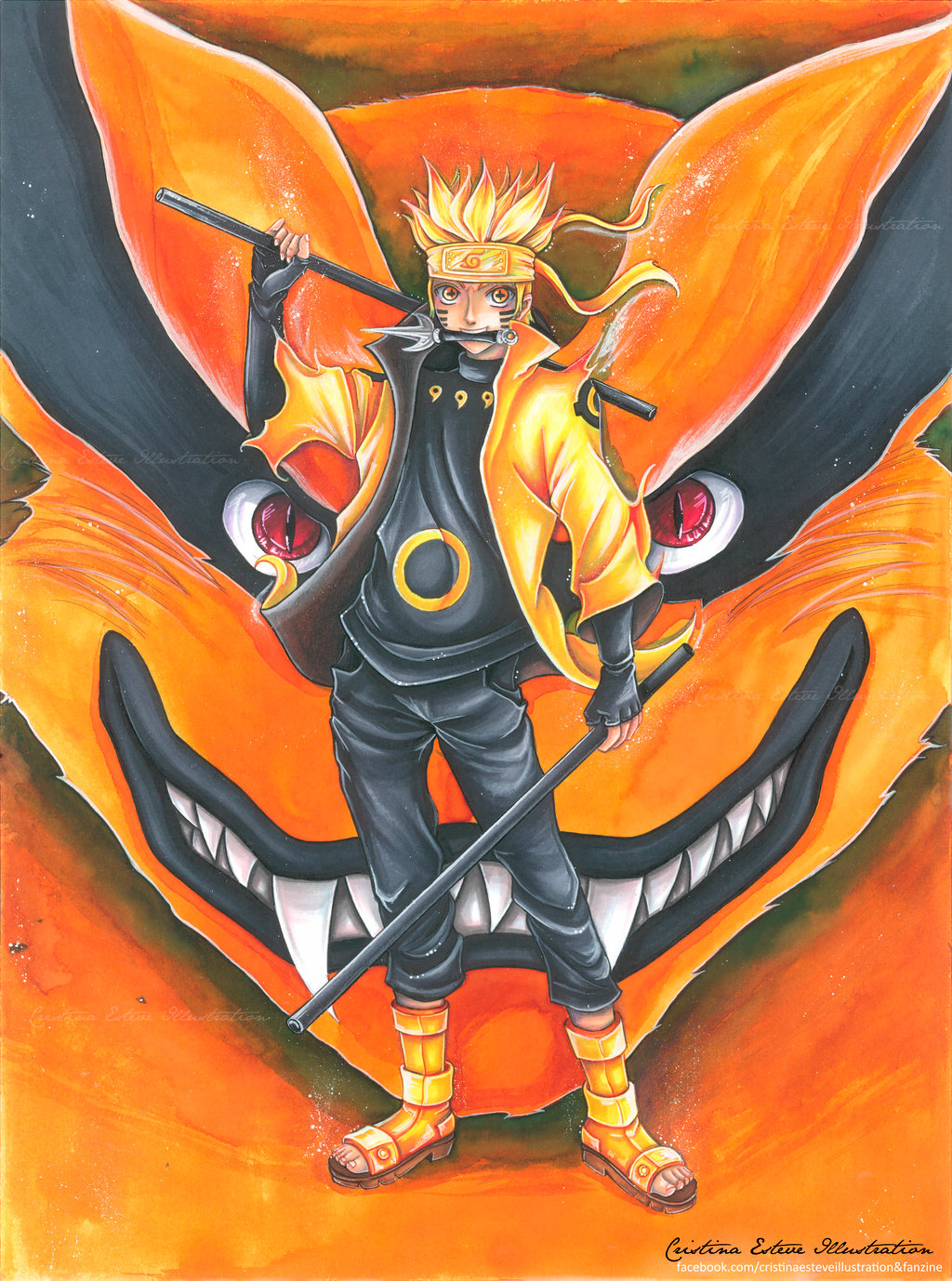 1boy blonde_hair dual_wielding escrima_stick facial_mark fox full_body glowing kunai kyuubi_(naruto) male_focus mouth_hold naruto solo standing symbol-shaped_pupils thumb_hole uzumaki_naruto uzumaki_naruto_(rikudou_sennin_mode) weapon