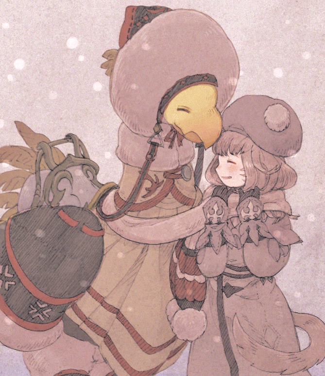 1girl ^_^ blush brown_coat brown_gloves brown_hat brown_scarf cat_tail chocobo closed_eyes closed_mouth coat final_fantasy final_fantasy_xiv gloves grey_background hat miqo'te mozuku_(mozuuru0323) nose_blush open_mouth profile saddle scarf shared_scarf smile snow standing tail whisker_markings