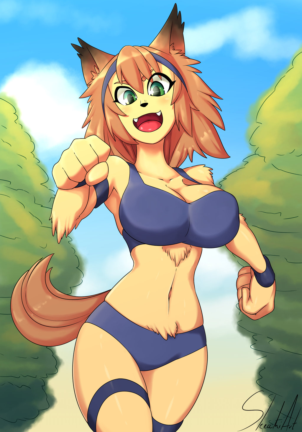 1girl animal_ears artist_request between_legs big_hands blush breast_squeeze breasts brown_fur brown_hair claws cleavage dog_ears dog_tail english fang fangs female flat_color fur furry grey_eyes heart highres jewelry kobold leaning_forward light_brown_hair looking_at_viewer messy_hair monster_girl monster_musume_no_iru_nichijou name_tag necklace open_mouth polt short_hair short_shorts shorts simple_background smile solo spoken_heart sweatband tail tail_wagging tank_top wet_nose wide_hips