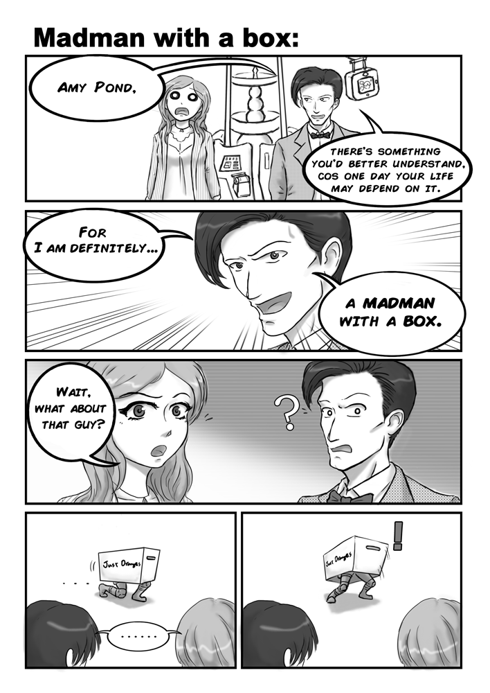 ! 1girl amy_pond bowtie cardboard_box comic crossover doctor_who eleventh_doctor english metal_gear_(series) metal_gear_solid monochrome pajamas