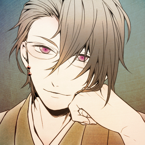 1boy brown_hair character_request earring glasses gradient gradient_background japanese_clothes komae0611 male_focus pink_eyes short_hair smile solo tagme