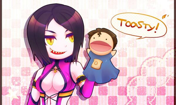 1girl black_hair breasts checkered_background cleavage dan_forden female food grin happy jpeg_artifacts mileena mortal_kombat pink_background puppet sharp_teeth short_hair solo teeth upper_body white_background yellow_eyes