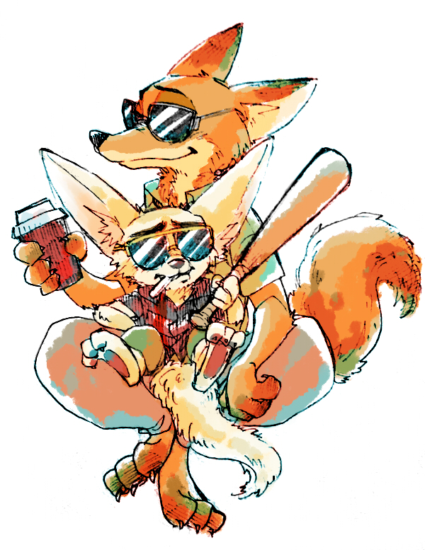 artist_request baseball_bat disney drink finnick_(zootopia) fox furry glasses nick_wilde no_humans paper_cup simple_background sunglasses white_background zootopia
