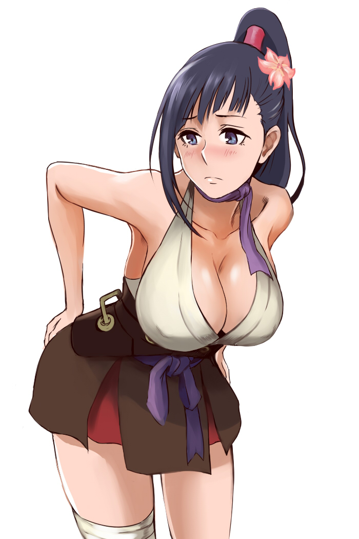 1girl ayame_(kabaneri) bandaged_leg bare_shoulders black_hair blue_eyes blue_hair blush breasts cleavage closed_mouth cosplay female flower frown hair_flower hair_ornament high_ponytail koutetsujou_no_kabaneri large_breasts leaning_forward long_hair mumei_(kabaneri) mumei_(kabaneri)_(cosplay) nose_blush ponytail scarf shibusun simple_background skirt solo standing white_background yomogawa_ayame