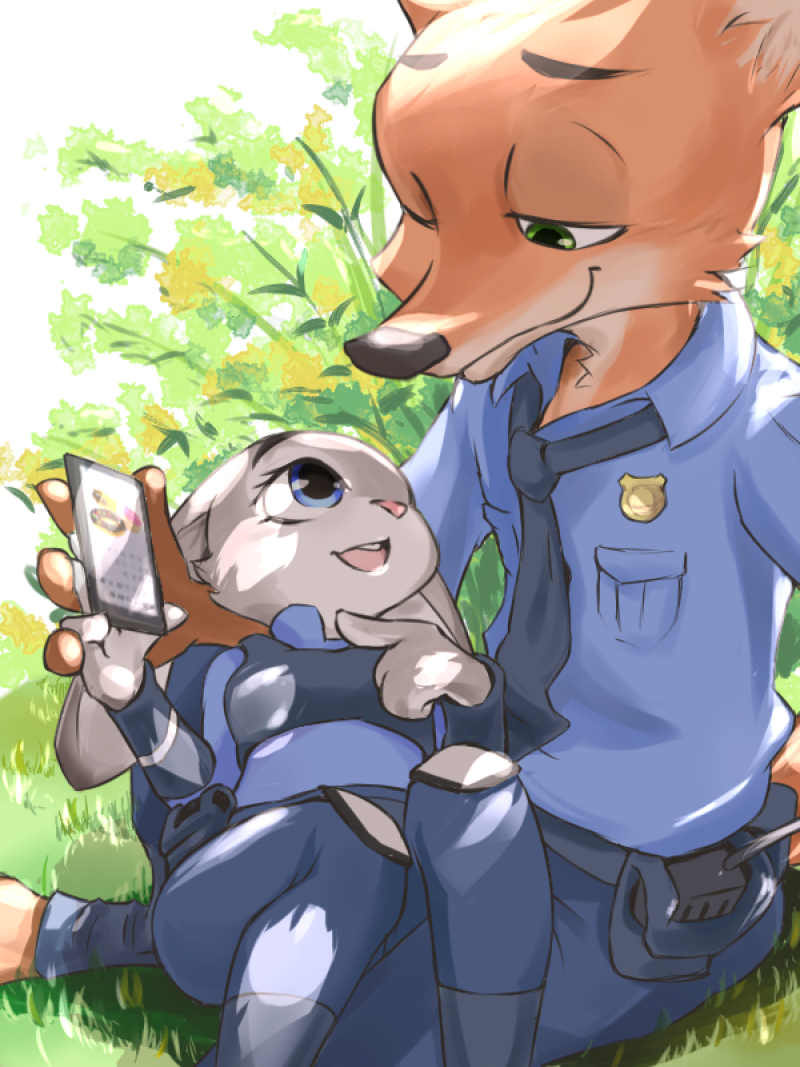 artist_request cellphone disney eye_contact fox furry judy_hopps looking looking_at_another lying lying_on_lap nick_wilde no_humans outdoors pointing police police_uniform rabbit smartphone uniform zootopia