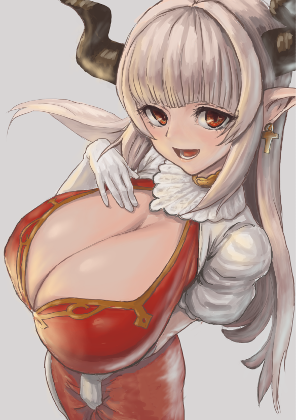 1girl alicia_(granblue_fantasy) breasts cleavage cow_girl cow_horns cross cross_earrings doraf dress earrings female from_above gloves granblue_fantasy horns huge_breasts jewelry long_hair looking_at_viewer open_mouth pointy_ears red_eyes silver_hair simple_background solo standing tomiokasena upper_body white_gloves