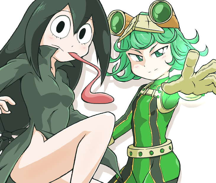 2girls asui_tsuyu asui_tsuyu_(cosplay) black_eyes black_hair bodysuit boku_no_hero_academia breasts color_connection cosplay costume_switch crossover dress eyelashes flat_chest flipped_hair frog_girl from_side gloves goggles goggles_on_head green_eyes green_hair long_hair long_sleeves long_tongue low-tied_long_hair monster_girl multiple_girls no_panties one-punch_man seiyuu_connection short_hair side_slit simple_background small_breasts tatsumaki tatsumaki_(cosplay) tied_hair tongue tongue_out uranoyoru very_long_hair white_background yuuki_aoi