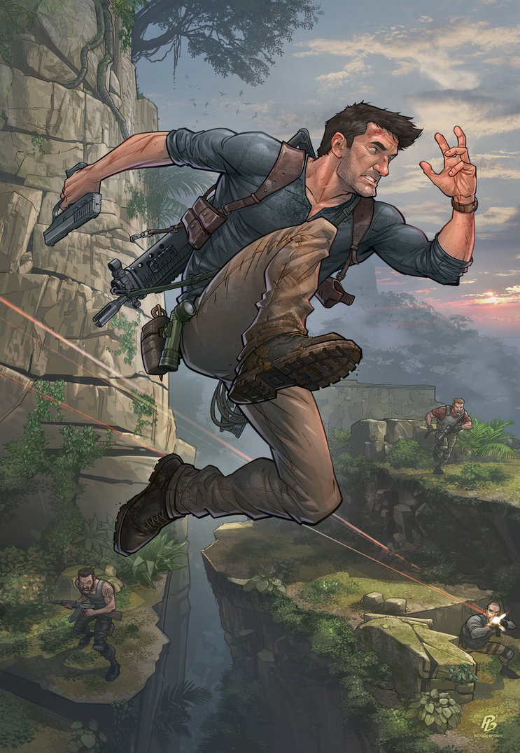 4boys battle blood dirty epic gun jumping mountain multiple_boys nathan_drake naughty_dog patrick_brown shooting sky tree uncharted weapon