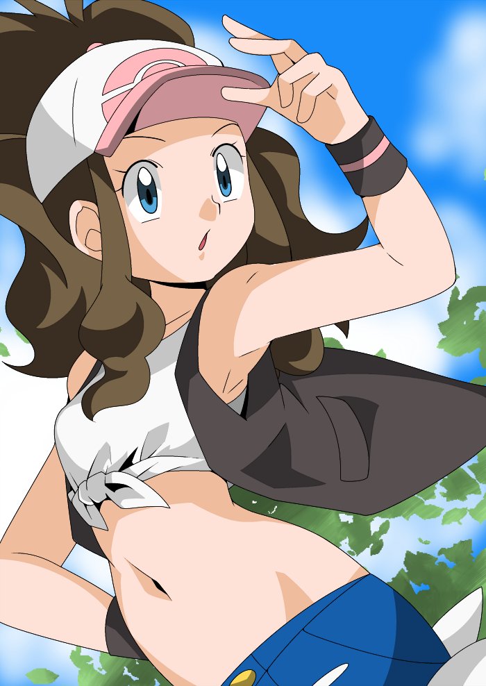 1girl armpit blue_eyes brown_hair hainchu midriff navel nintendo pokemon tied_shirt touko_(pokemon) vest