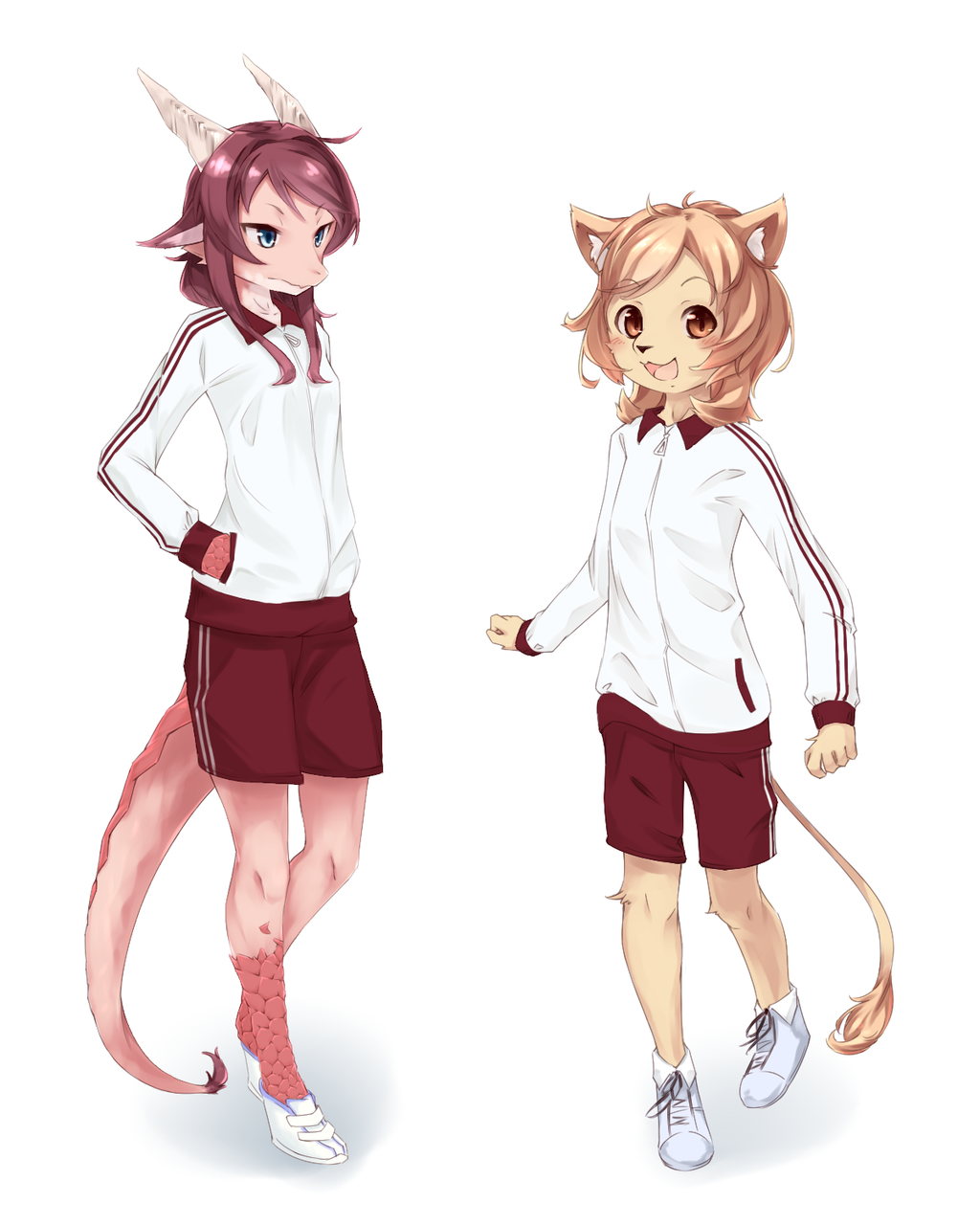 2girls :3 animal_ears dragon dragon_girl furry fuu_(frol) hands_in_pockets horns lion multiple_girls open_mouth original pink_skin scales shorts simple_background tail track_suit white_background