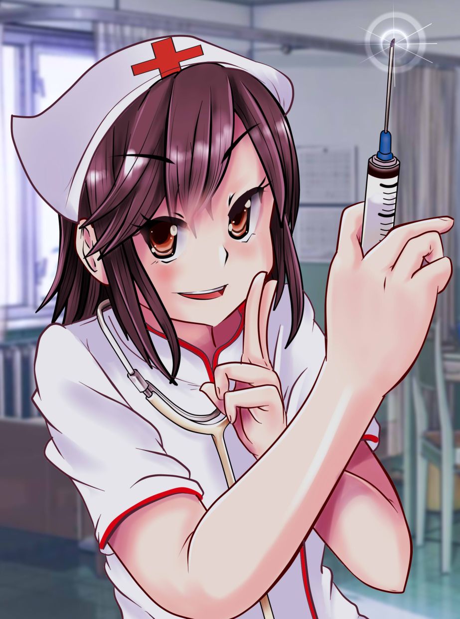 1girl blush chikusan_nurseman eyebrows_visible_through_hair female hat looking_at_viewer needle nurse nurse_cap open_mouth shiny shiny_hair solo stethoscope syringe tongue upper_teeth