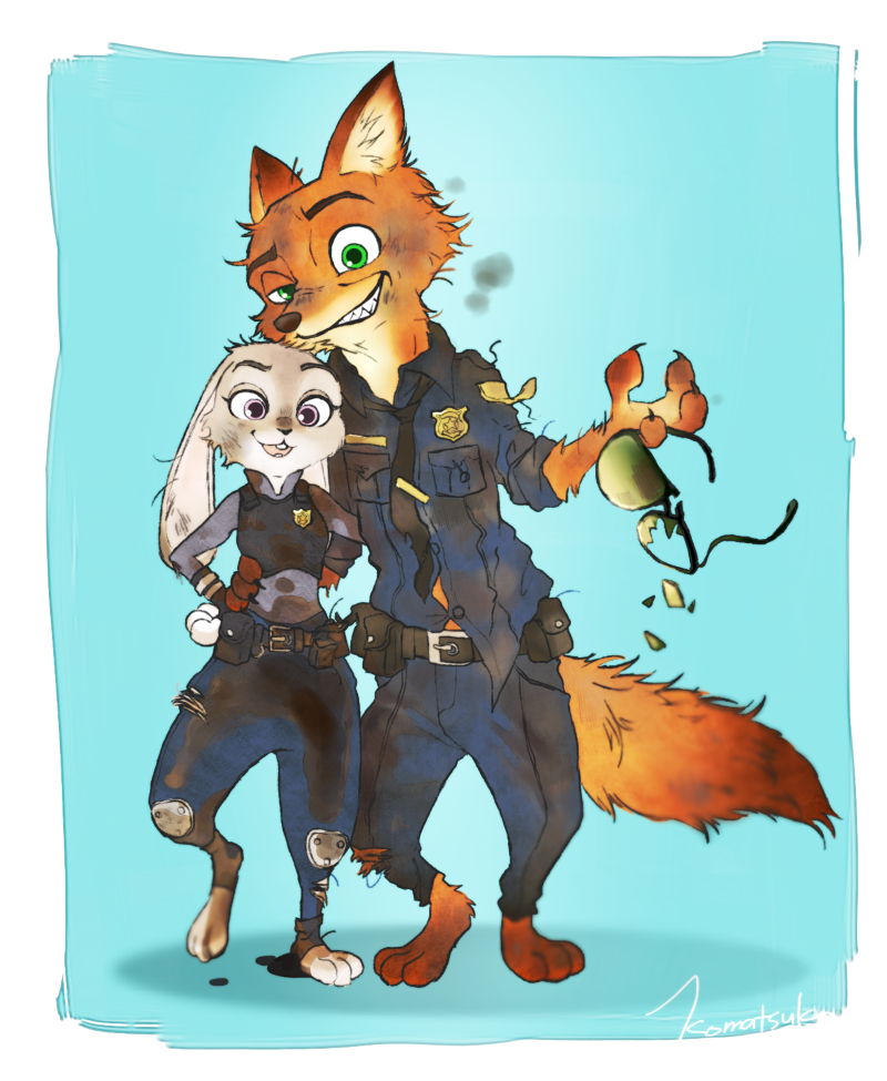 artist_request disney fox full_body furry glasses grin judy_hopps looking_at_viewer necktie nick_wilde no_humans police police_uniform rabbit smile standing sunglasses tail torn_clothes uniform zootopia
