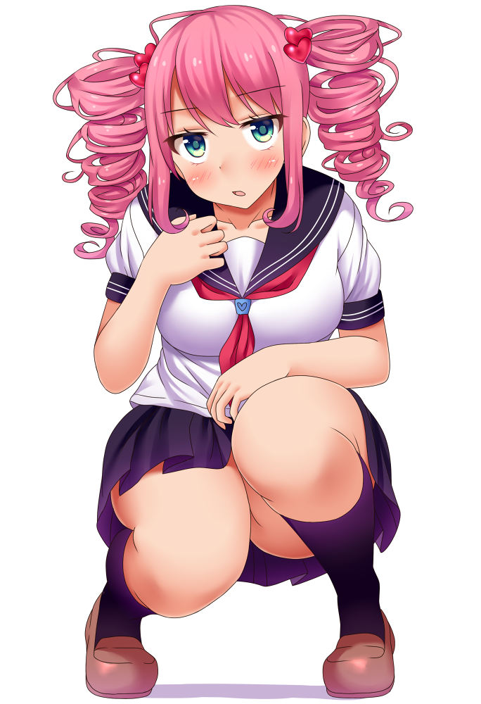 1girl blue_eyes blush breasts collarbone drill_hair female hair_ornament large_breasts legs long_hair looking_at_viewer miniskirt original pink_hair plump sakaura_(layer255) school_uniform serafuku shoes simple_background skirt solo squatting thick_thighs twintails white_background
