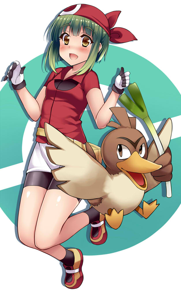 1girl alternate_costume blush commentary_request cosplay farfetch'd gloves green_hair hairband hands_up haruka_(pokemon) haruka_(pokemon)_(cosplay) kantai_collection kusano_(torisukerabasu) looking_at_viewer open_mouth pokemon pokemon_(creature) shoes short_hair short_sleeves shorts tagme takanami_(kantai_collection) tree_swing_cartoon