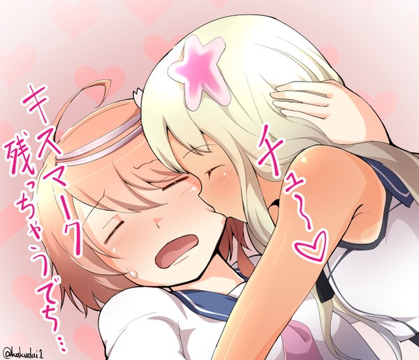 2girls blonde_hair blush closed_eyes commentary_request crop_top flower god@man hair_flower hair_ornament hand_on_another's_head heart i-58_(kantai_collection) kakudai kantai_collection kiss multiple_girls one-piece_swimsuit one-piece_tan pink_hair ro-500_(kantai_collection) school_uniform serafuku swimsuit tan tanline twitter_username yuri