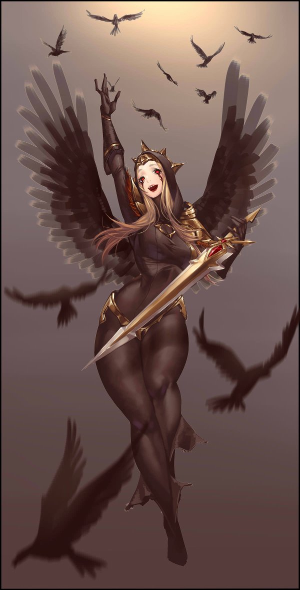 1girl alternate_costume angel bird feathers kayle league_of_legends mask solo sword wings