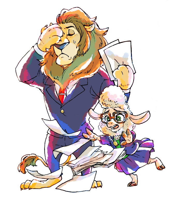 artist_request dawn_bellwether disney facepalm furry glasses green_eyes jewelry lamb lion mayor_lionheart necklace paper suit zootopia