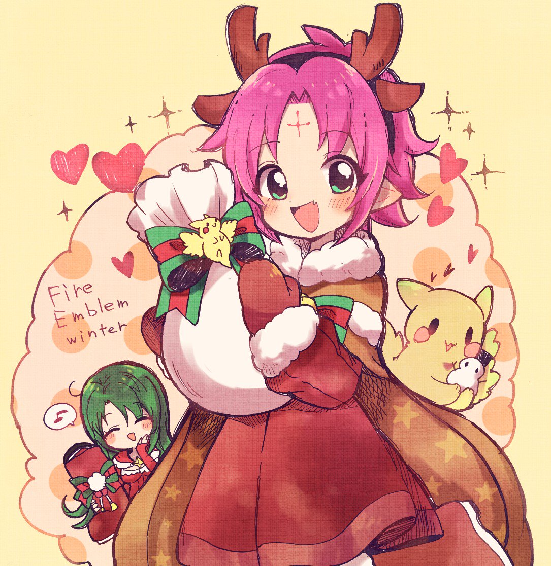 2girls antlers bow cape cecilia_(fire_emblem) christmas_stocking closed_eyes dress fa facial_mark fire_emblem fire_emblem:_fuuin_no_tsurugi fire_emblem_heroes forehead_mark fur_trim gift_bag green_eyes green_hair heart long_hair long_sleeves mamkute mittens multiple_girls musical_note nintendo open_mouth pointy_ears purple_hair reindeer_antlers short_hair spoken_musical_note yataba