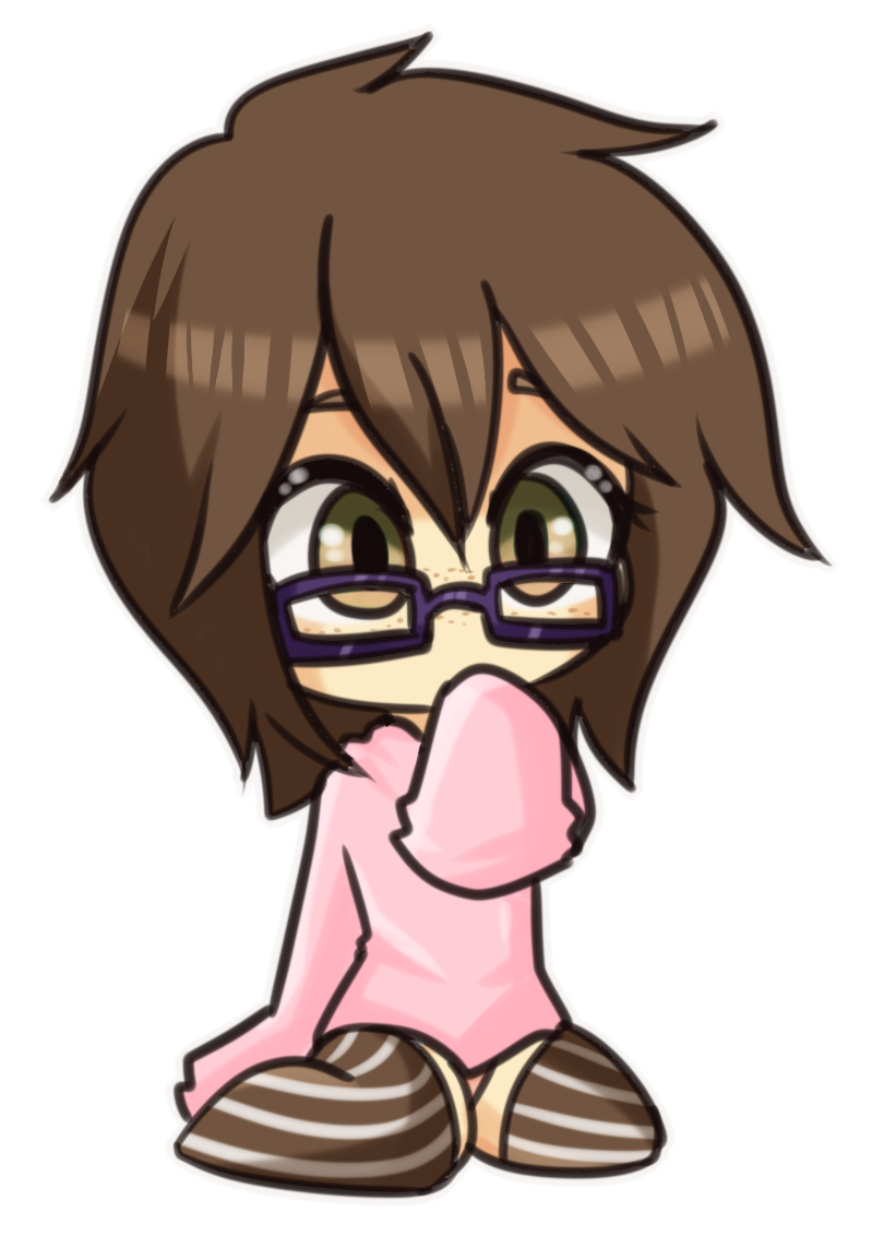 bottomless brown_eyes brown_hair chibi covering_mouth freckles glasses hazel_eyes hidden_mouth nyascree original oversized_clothes pantyshot short_hair sitting sleeves_past_wrists striped_thighhighs sweater thigh-highs wariza