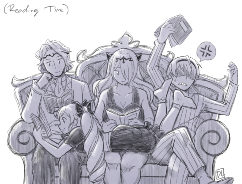 2boys 2girls anger_vein artist_name book brother_and_sister brothers camilla_(fire_emblem_if) couch dl elise_(fire_emblem_if) english fire_emblem fire_emblem_if hair_over_one_eye leon_(fire_emblem_if) long_hair lying marx_(fire_emblem_if) monochrome multiple_boys multiple_girls on_stomach reading shaded_face siblings sisters sitting smile spoken_anger_vein