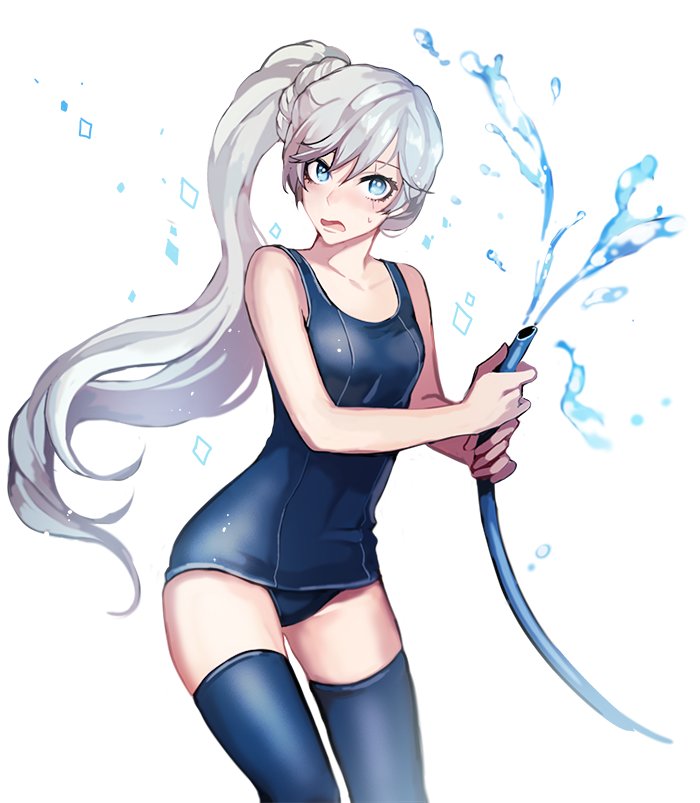 blue_eyes blush hose one-piece_swimsuit rwby scar school_swimsuit side_ponytail surprised swimsuit thigh-highs water weiss_schnee white_hair