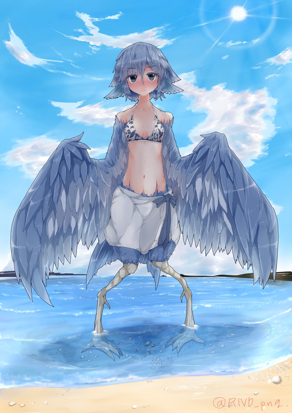 1girl beach blue_hair blush collarbone eyebrows_visible_through_hair feathers female full_body hair_between_eyes harpy head_feathers monster_girl navel original outdoors partially_submerged rnd.jpg solo twitter_username water wings