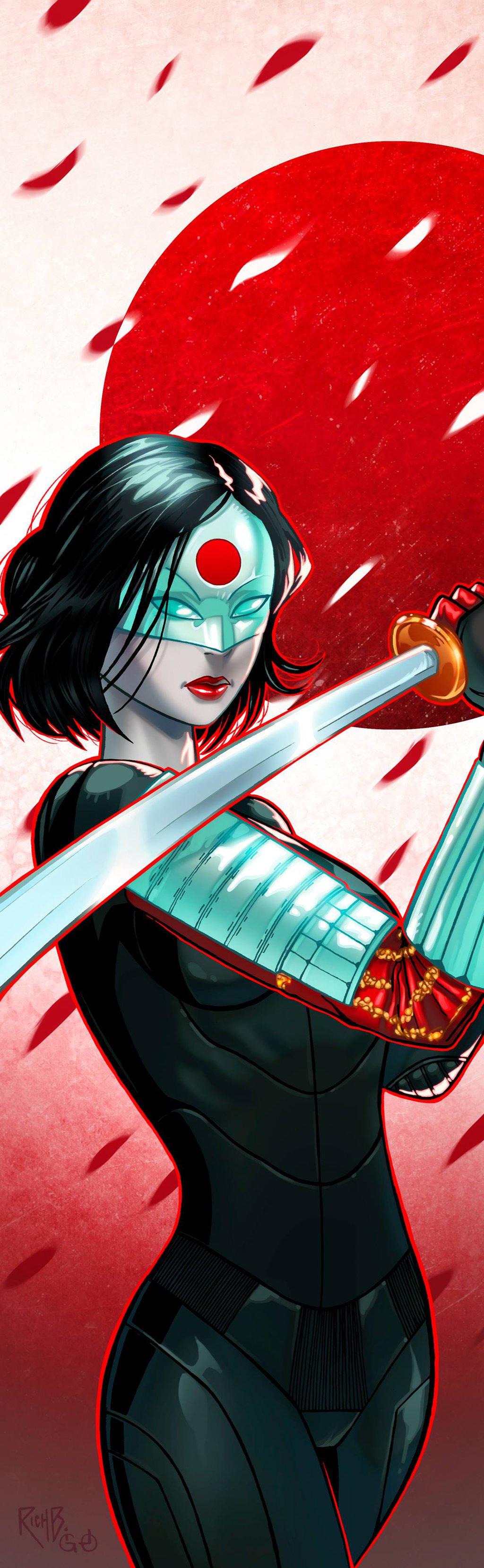 1girl armor black_hair dc_comics katana katana_(dc) mask rich_bernatovech short_hair solo sword weapon