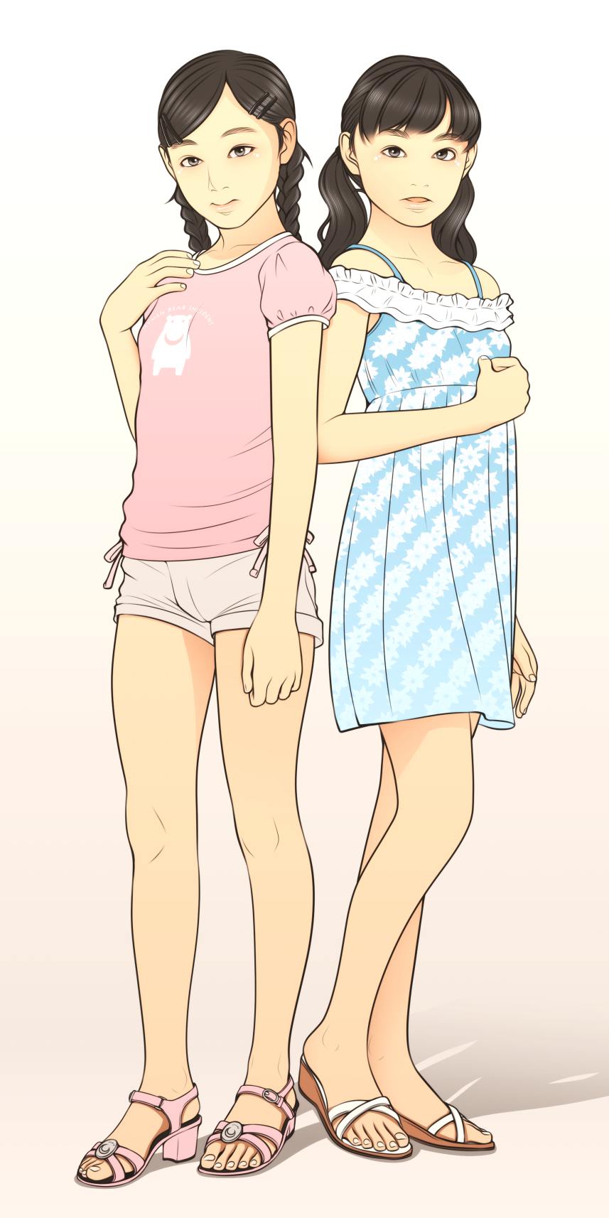 2girls flat_chest multiple_girls shinchou_ni_kansuru_kousatsu short_shorts shorts